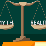Graphic of a Justice scale Myth vs. Reality