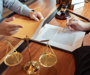 court case trial in personal injury law with justice scale and gavel