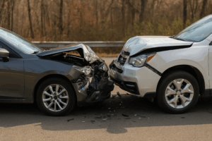 Auto accident in Jefferson County showing two cars with severe front-end damage after a head-on collision on a rural two-lane road.