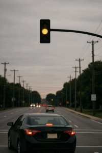 Car driving through a suburban intersection on a yellow traffic light, showing common driver behavior at intersections.