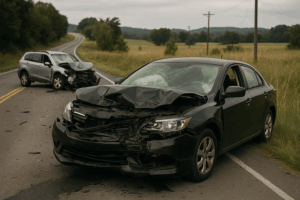 Auto accidents in Jefferson County showing two cars with severe front-end damage on a rural road surrounded by fields and trees.