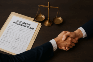 Two people shaking hands over accident insurance claim documents and legal scales on a desk, symbolizing trust and why hire personal injury lawyer matters.