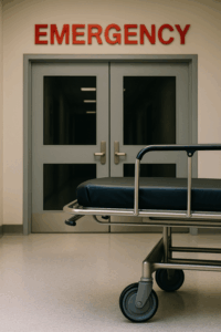 Hospital emergency room entrance with a stretcher in front of closed doors, representing the importance of safety practices to prevent common injury accidents.