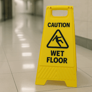 Yellow caution wet floor sign in a hallway warning of slip and fall injuries.