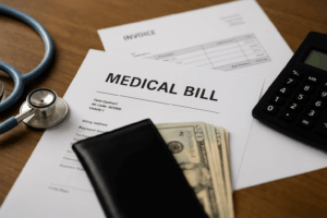 A calculator, stethoscope, wallet, and cash placed on top of a medical bill, representing the unexpected costs after an accident.
