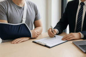 A lawyer provides personal injury legal help to a client during a meeting, reviewing documents together in a bright, professional office setting.