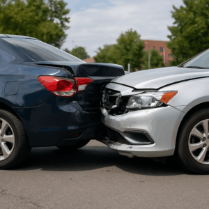 Rear-end collision between two cars on a suburban road, representing a car accident uninsured driver situation.