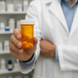 Pharmacist presenting a prescription opioid bottle in a pharmacy setting.