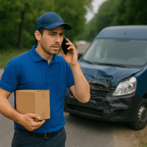 Delivery driver injured in work-related car accident standing beside damaged company van.