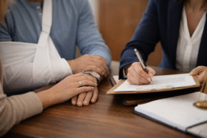 Injured client with arm in sling meeting attorney about personal injury case approach