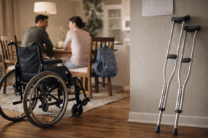 Wheelchair and crutches in a family home, with adults seated at a dining table in the background.