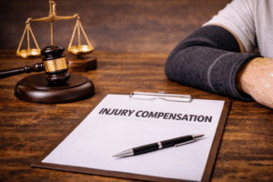 Injury compensation legal documents on a desk.