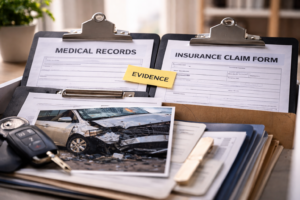  Desk with insurance paperwork and medical records related to hit and run accident claims