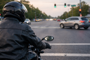 Motorcycle rider stopped at city intersection showing real-world traffic conditions.