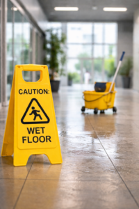 Caution wet floor sign on a slippery tile floor in a commercial building, illustrating hazards that can lead to slip and fall accidents