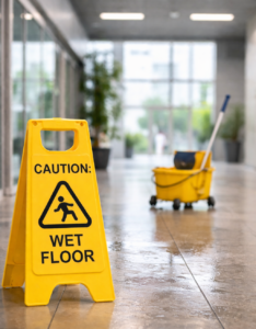 Caution wet floor sign on a slippery tile floor in a commercial building, illustrating hazards that can lead to slip and fall accidents