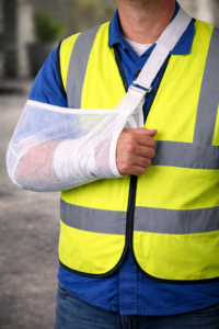 Construction worker with arm in sling after workplace injury related to workers' compensation covered injuries