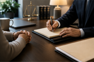 Attorney reviewing a potential injury case with a client during a private legal consultation in a professional office setting.